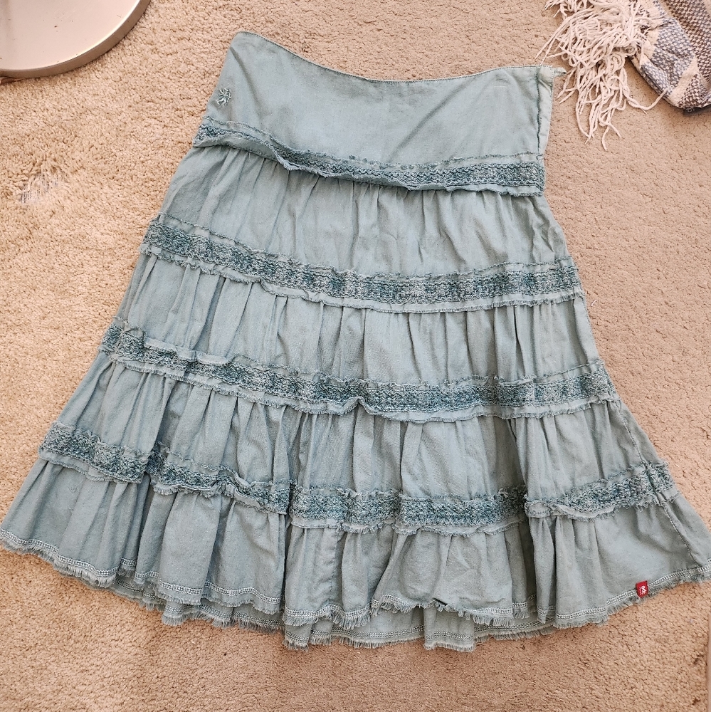 Vintage Distressed Tiered Midi Skirt Crochet Raw Hem Teal Bohemian 100% cotton